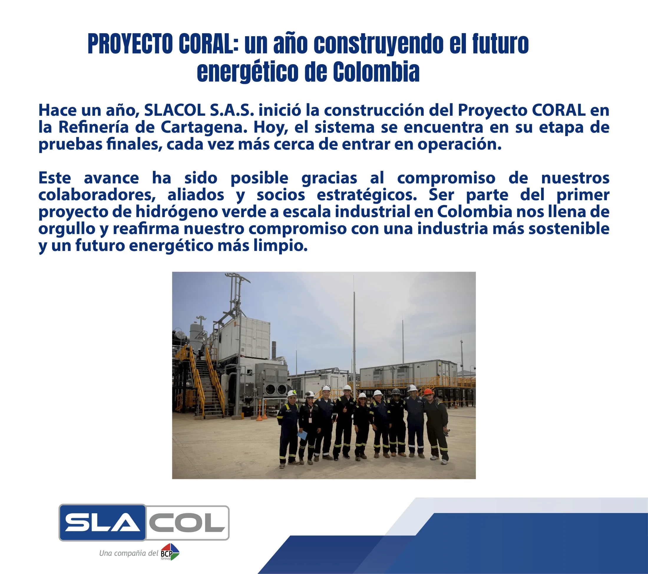 Equipo de SLACOL durante las pruebas finales del Proyecto CORAL en la Refinería de Cartagena